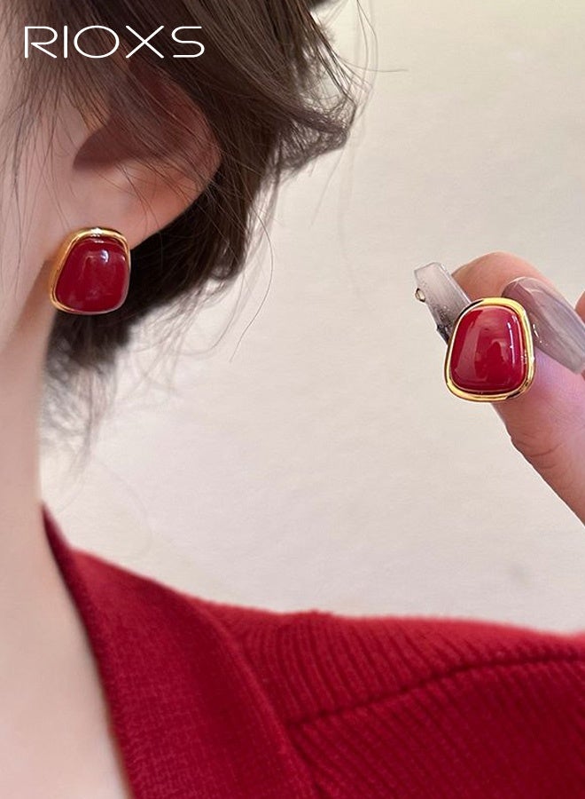 RIOXS Women's Vintage Trapezoid Earrings, Hypoallergenic 925 Sterling Silver Studs Gold-rimmed Eye-Catching Jewelry Elegant, Perfect for Fall Fashion Accessories, Gifts, Parties, Anniversaries, Dating, Red - Image 1